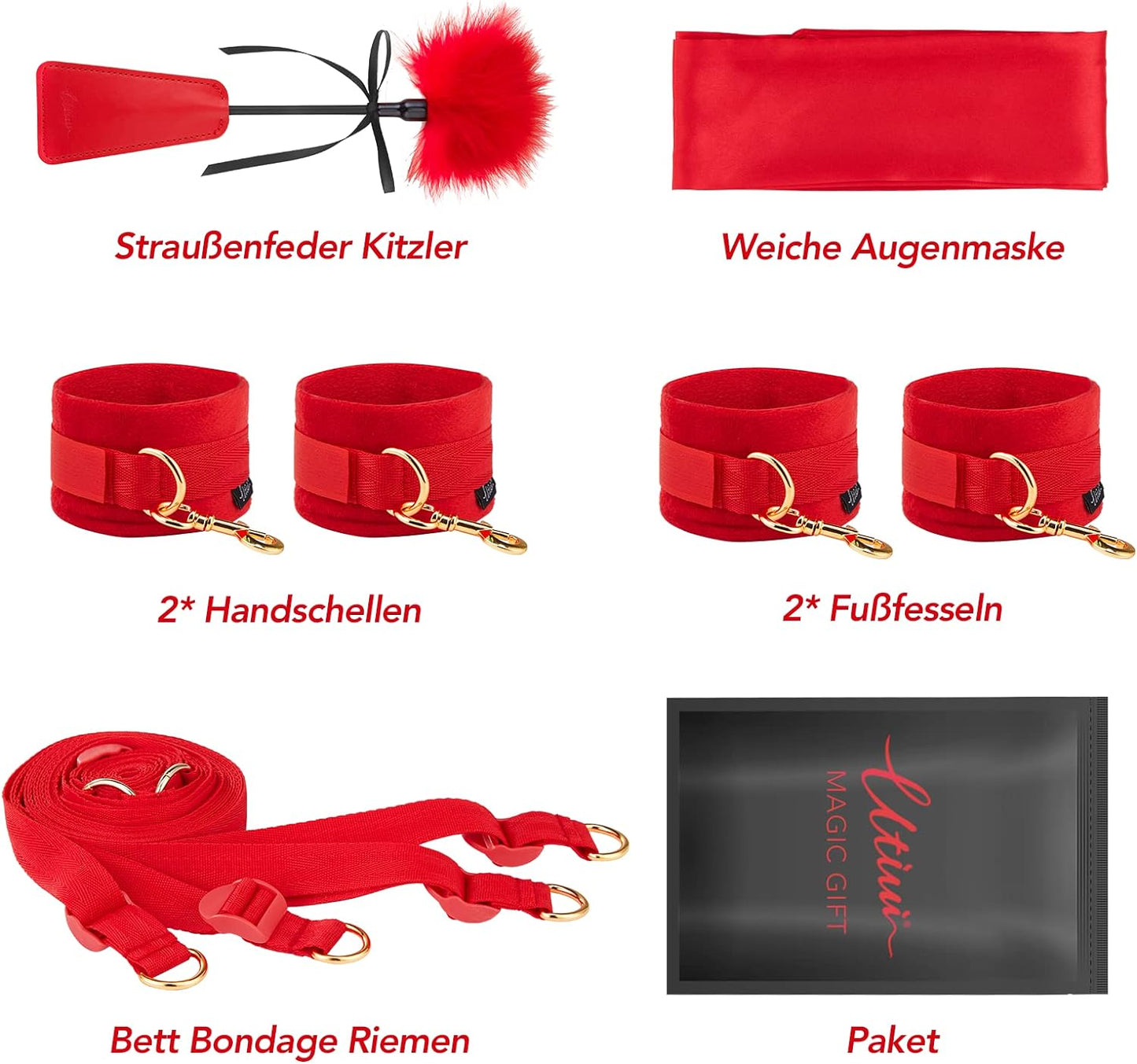 UTIMI BDSM-Set Bettfesseln - Set mit Bettfesseln, Handschellen, Peitsche und Augenmaske für erotisches Bondage-Spiel für Paare, rot