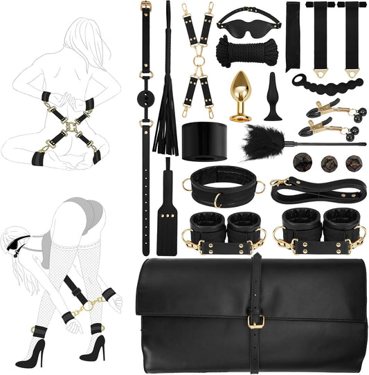 UTIMI BDSM Bondage Set Sex Toy for Couples - 21 Pieces SM Sex Toy with Whip, Plug and Handcuffs for Sex Games, Bondage Set, BDSM Kit, Sex Toy Set for Lovers, Black