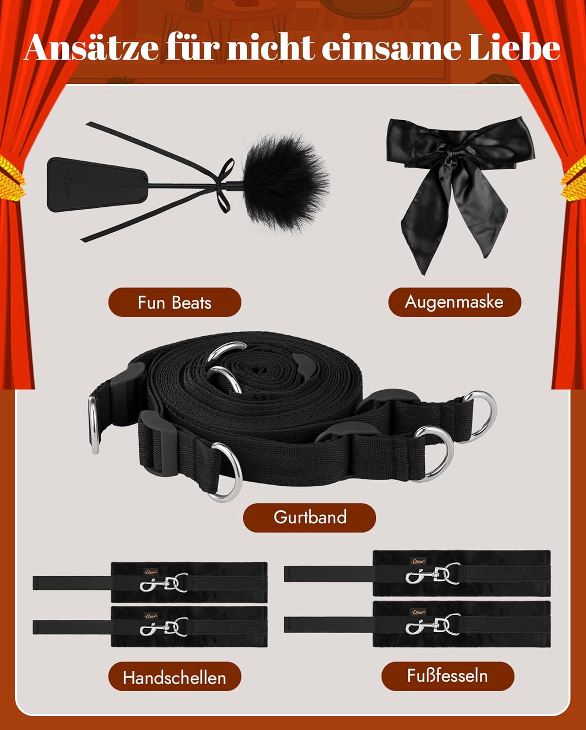 Einsteiger-freundliches BDSM-Fesselungs-Kit mit Augenbinde, Handschellen, Seil und Fußfesseln