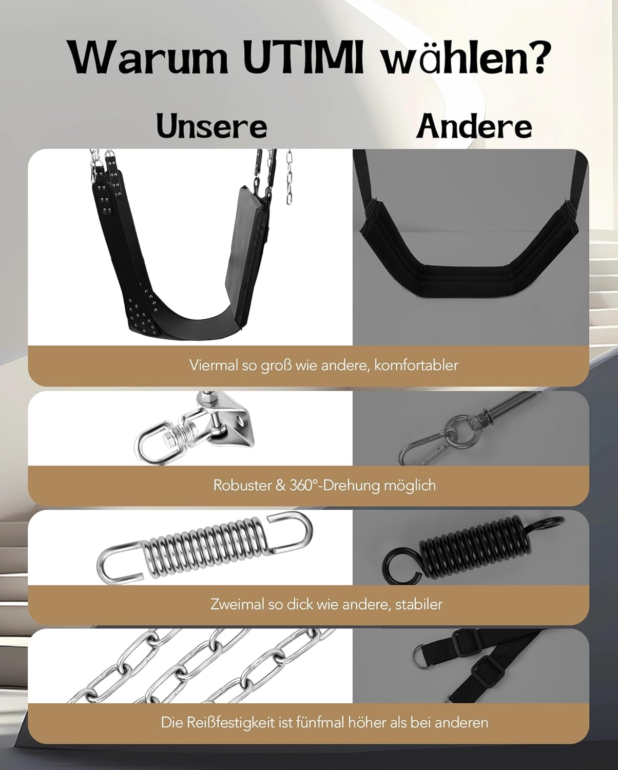 UTIMI Decken-Sexschaukel – Verstellbare BDSM-Schaukel mit gepolsterter Stütze und 360°-Drehung, belastbar bis zu 800 lbs
